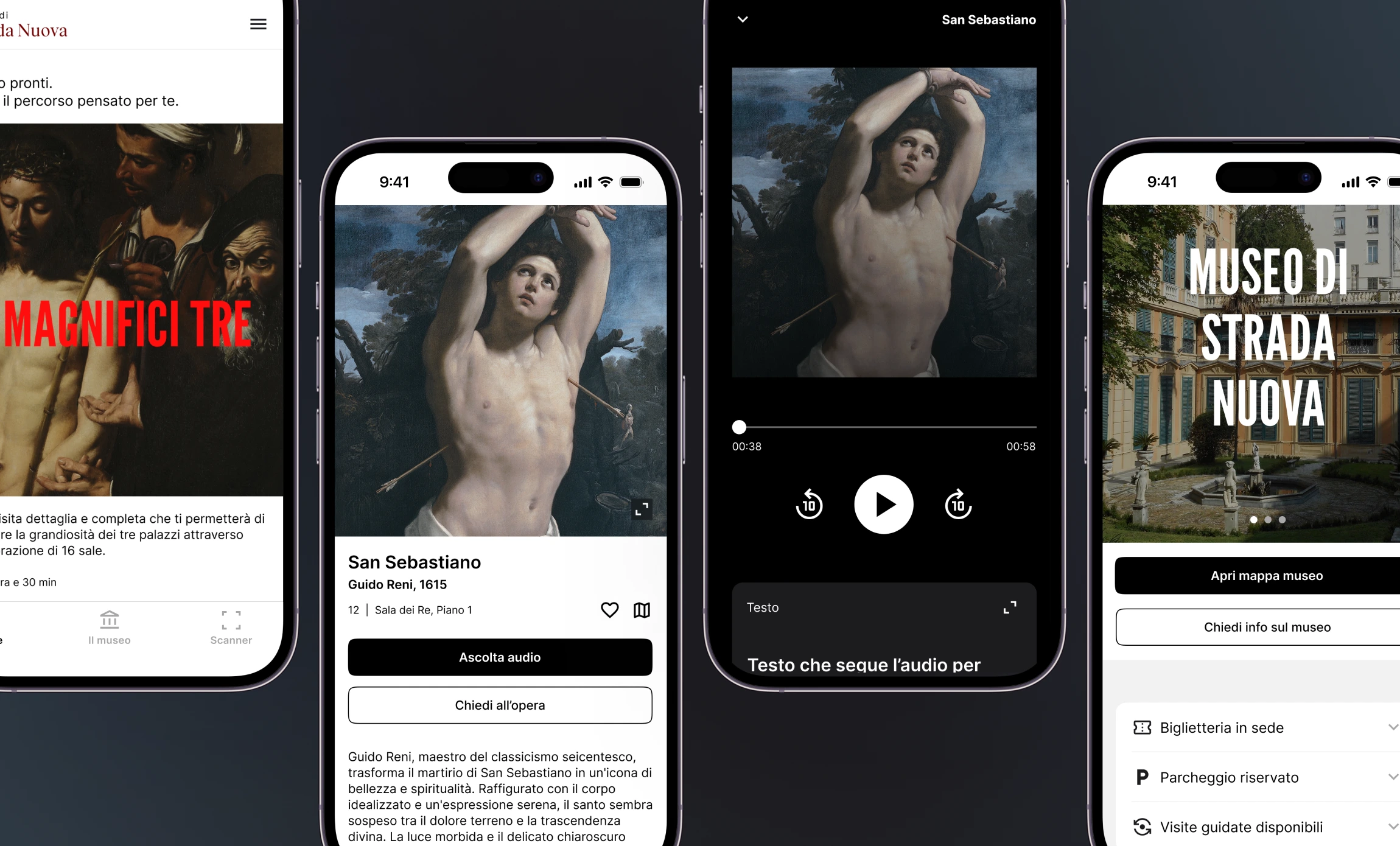 Project output showing four UI screens from the Strada Nuova museum app concept